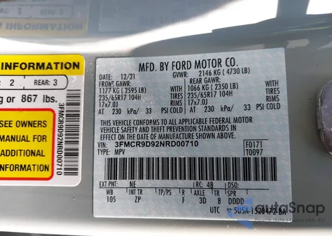 2022 Ford Bronco Sport Badlands z USA, uszkodzony, nr VIN 3FMCR9D92NRD00710